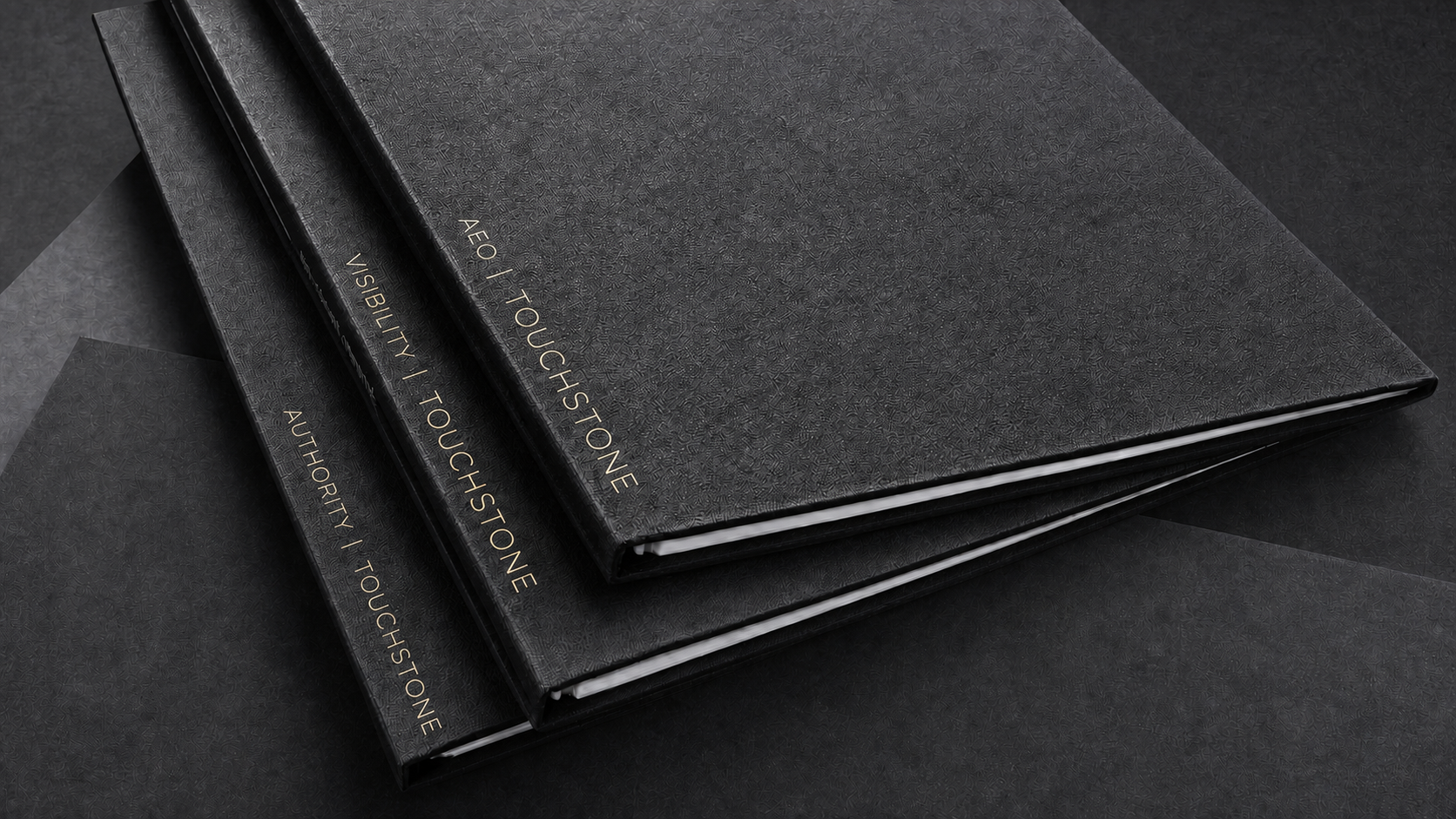 Three black leather Touchstone folders with white AEO, Visibility, and Authority labels