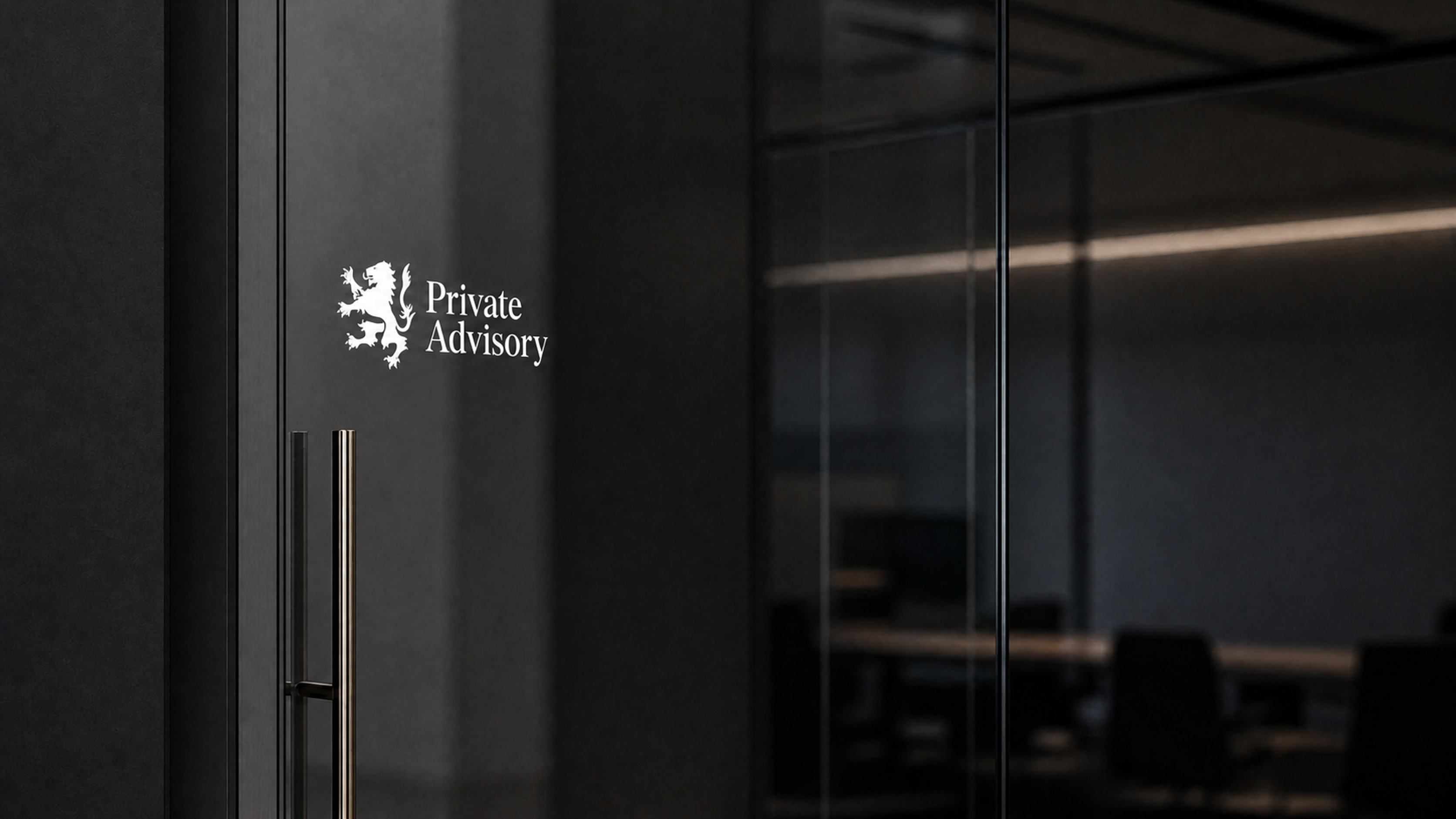 Bright silver Private Advisory branding applied to a dark glass office entrance