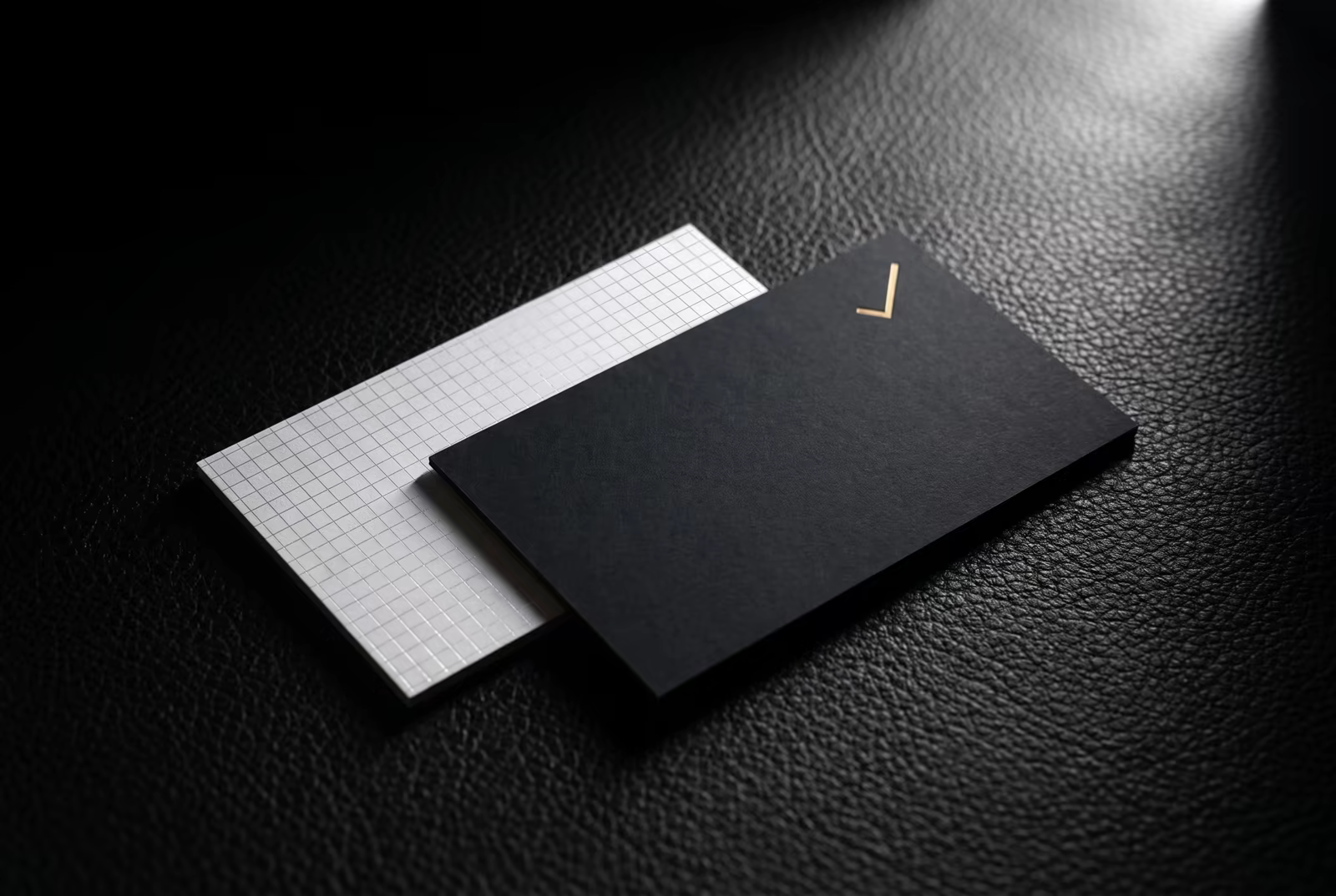 Black audit cards with a gold marker on a precision grid