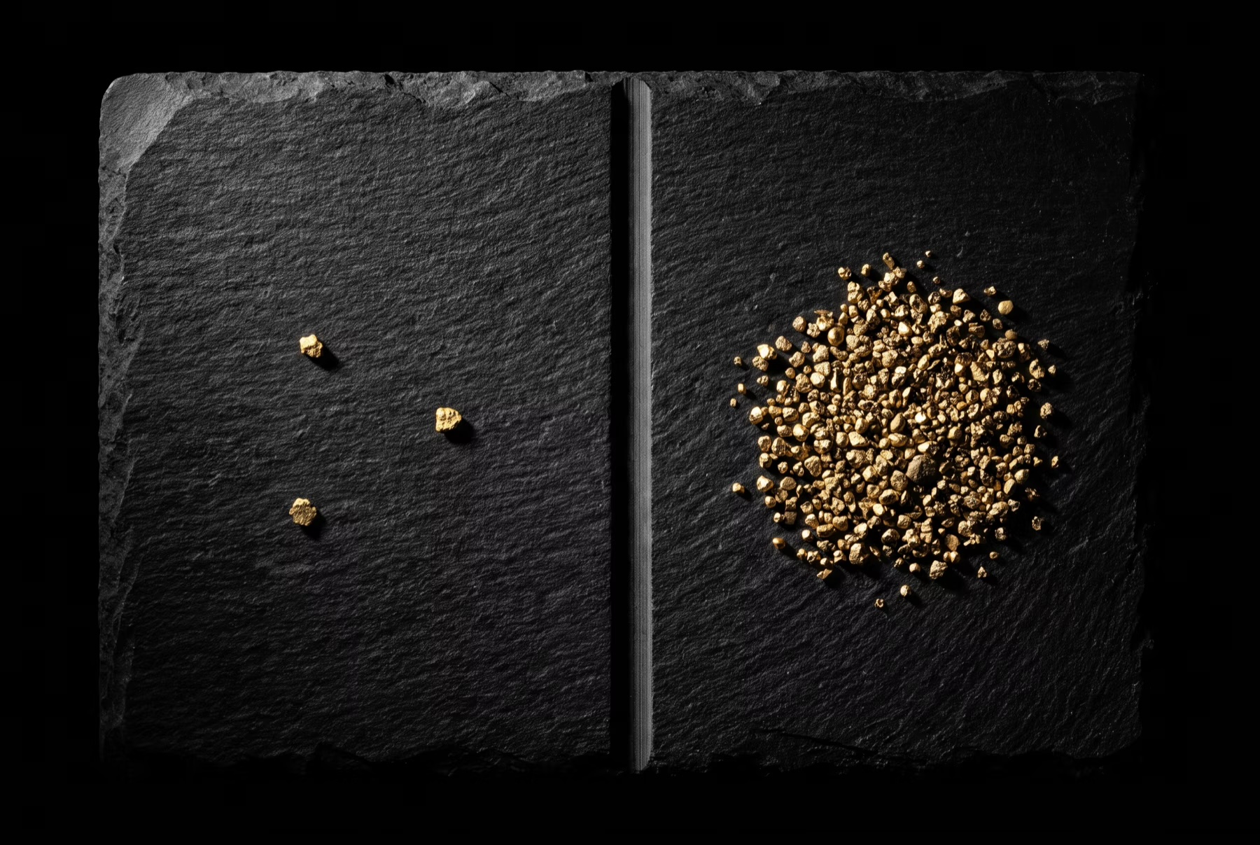 Gold signals moving from a concentrated source across black stone