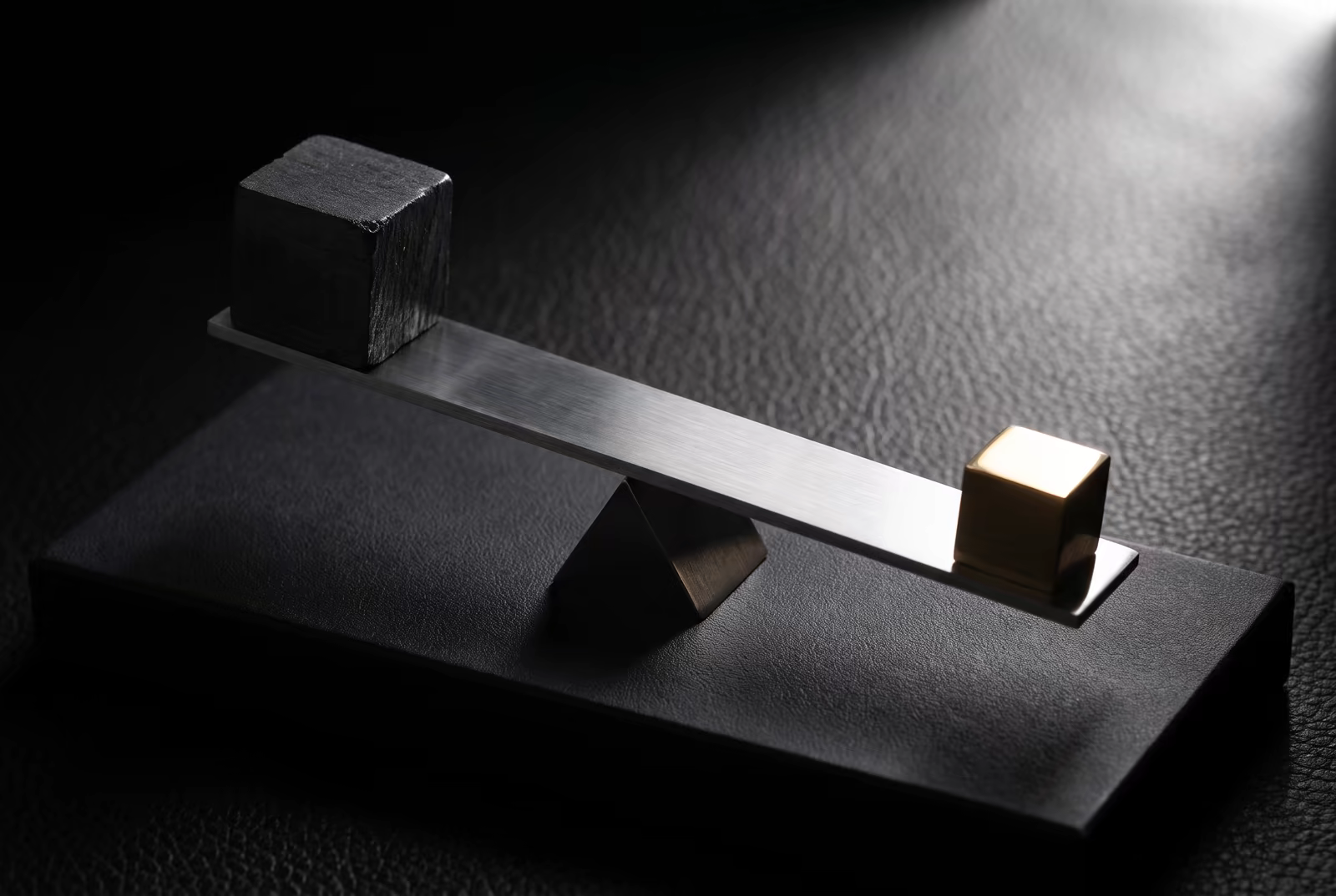Black and gold cubes balanced on a precision beam representing visibility converted into measurable growth