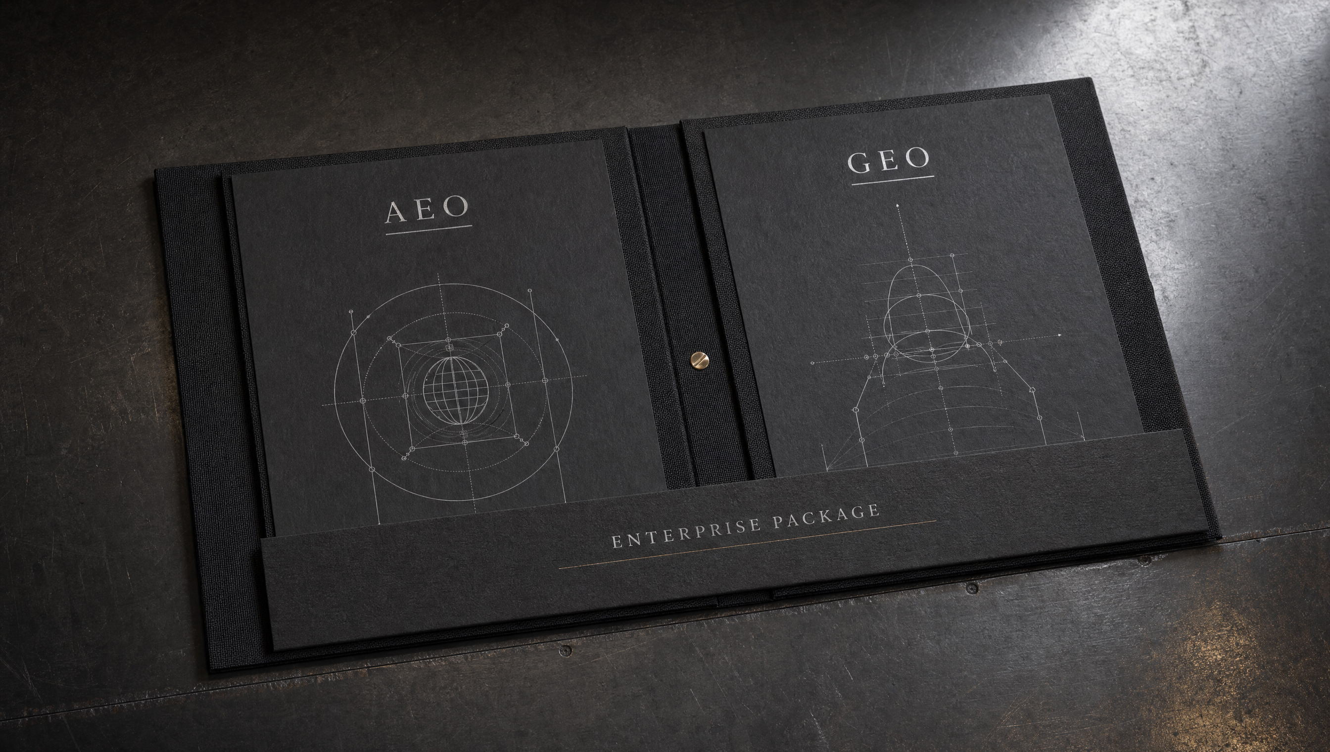 Enterprise AEO and GEO system presented in a black portfolio with technical diagrams