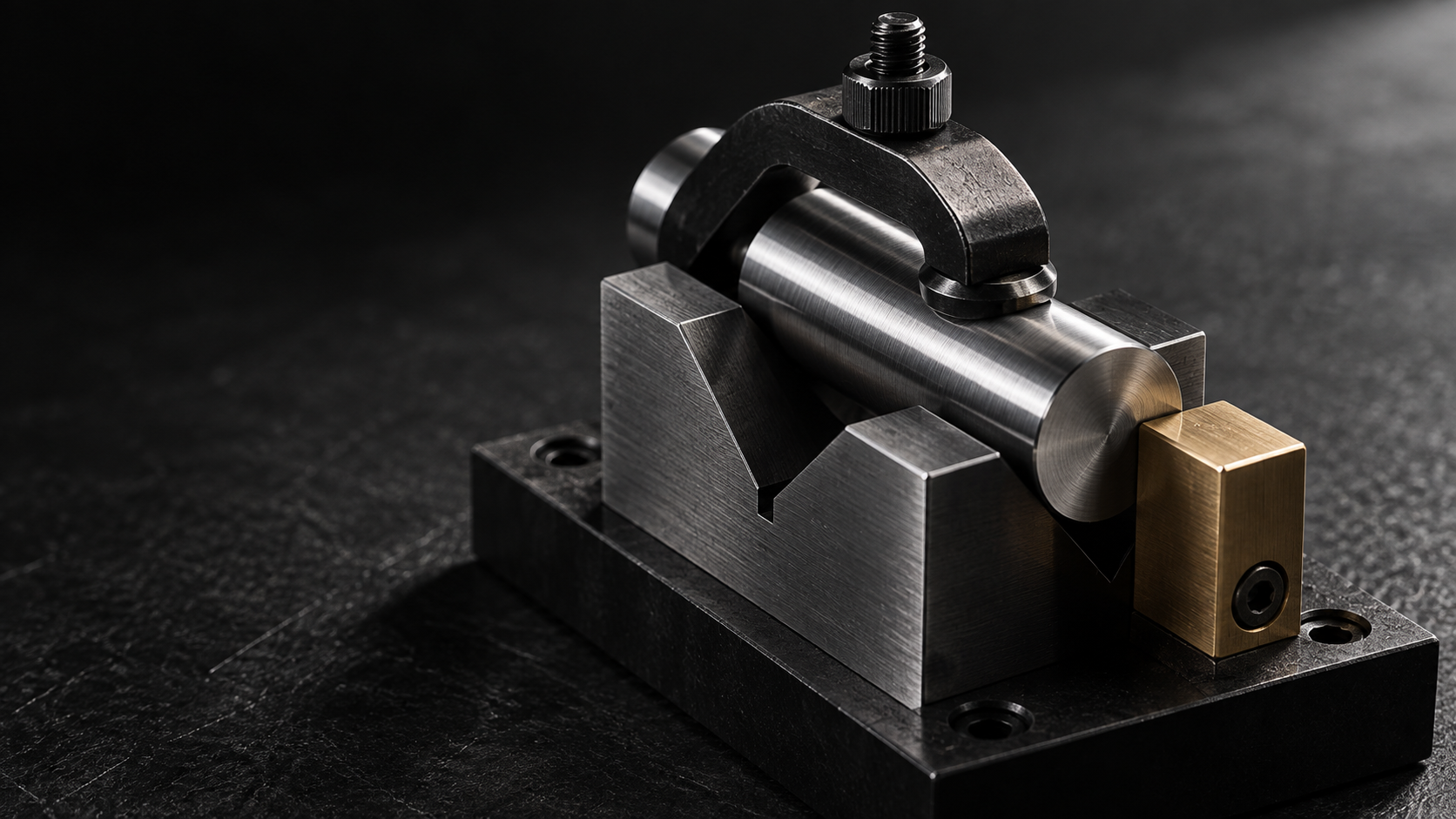 A machined steel cylinder rests in a V-block beside a brass reference stop.